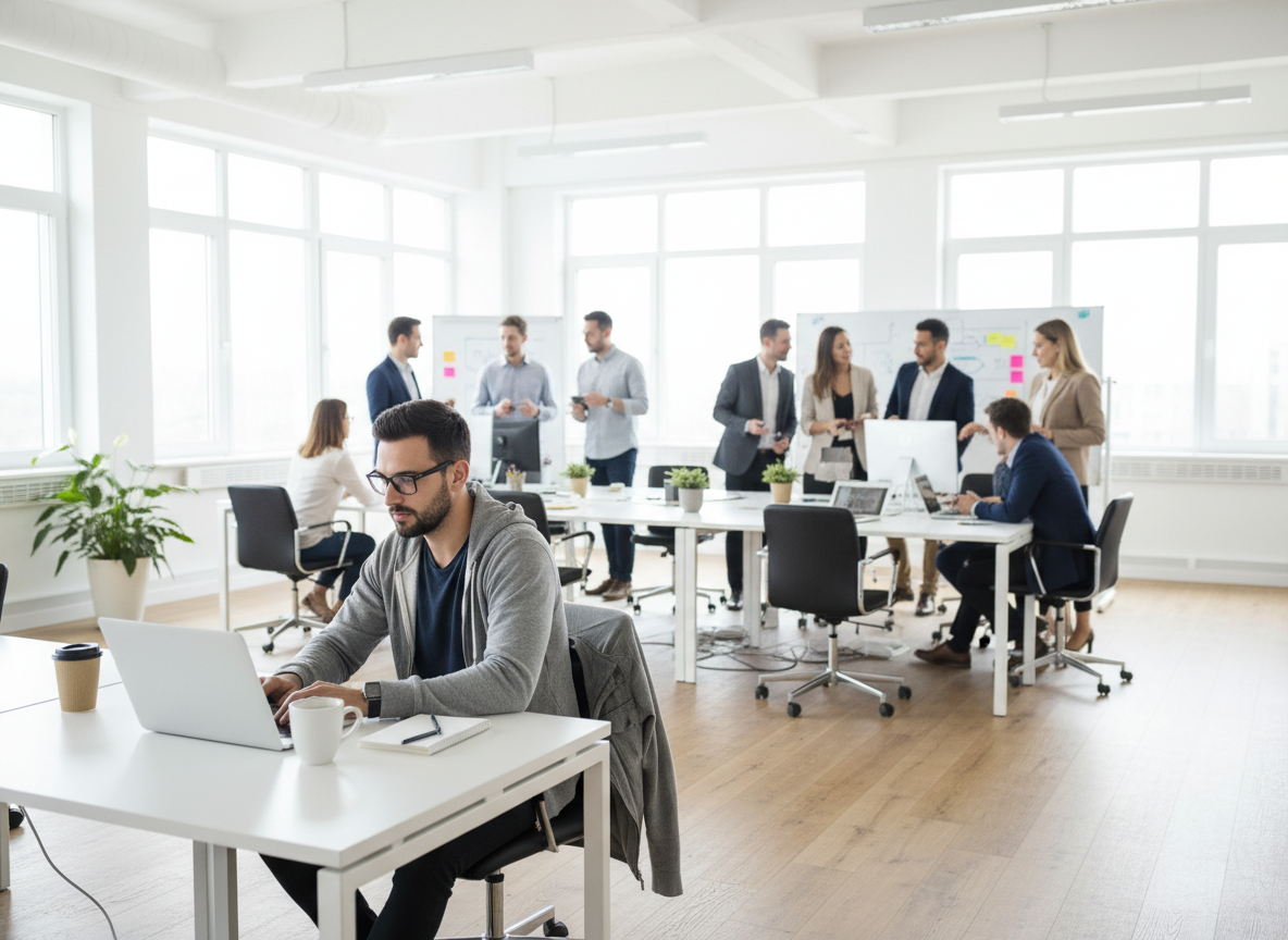 Wide stock-style photo of a modern, bright startup office with people collaborating at desks and a person working on a laptop in the foreground, clean and professional, good for a website hero section